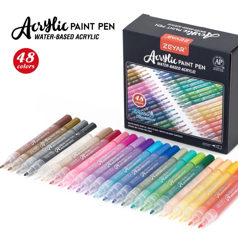 ZEYAR Acrylic Paint Pens, Expert of Rock Painting, Extra Fine, 48 Colors, AP Certified, Permanent&Waterproof Ink, Works on Rock, Wood, Glass, Metal, Ceramic and nearly All Surfaces (48 Colors) - Image 2